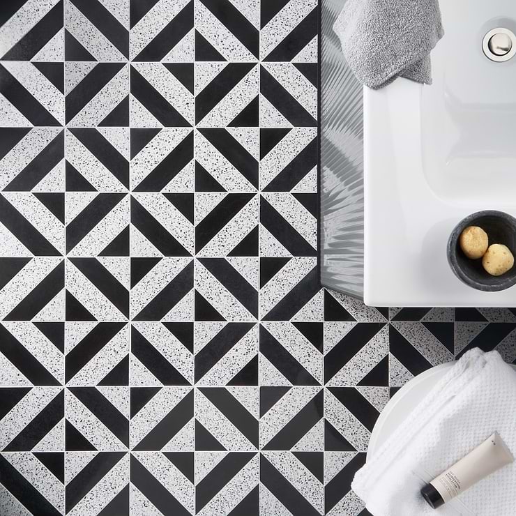 Cleopatra Diagonal Truffle White Terrazzo and Nero Marquina Black Marble Polished Mosaic; in Black & Gray Nero Marquina Marble & Terrazzo; for Backsplash, Floor Tile, Kitchen Floor, Kitchen Wall, Wall Tile, Bathroom Floor, Bathroom Wall, Shower Wall, Shower Floor, Outdoor Floor, Outdoor Wall, Commercial Floor; in Style Ideas Classic, Contemporary, Cottage, Craftsman, Farmhouse, Transitional; released 2023; new, trends