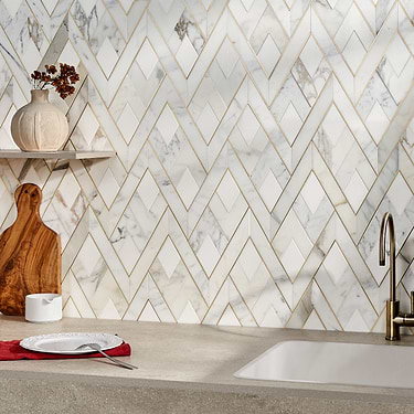 Zeta Bianco White Polished Marble and Brass Waterjet Mosaic Tile