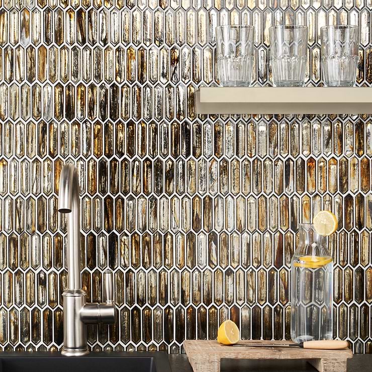 Komorebi Picket Golden Honey 1x3 Polished Glass Mosaic; in Gold Glass; for Backsplash, Kitchen Wall, Wall Tile, Bathroom Wall, Shower Wall; in Style Ideas Beach, Contemporary, Mediterranean