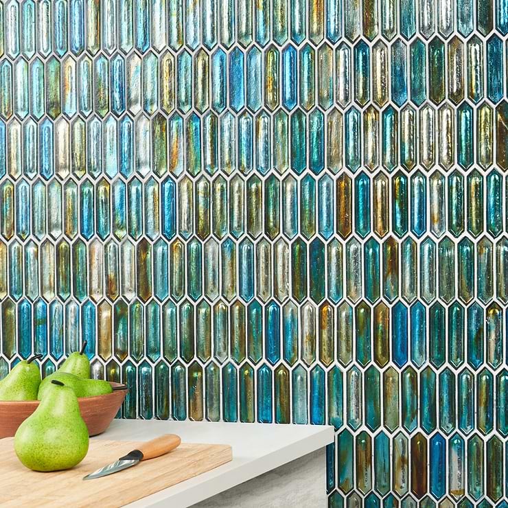 Komorebi Picket Juneau Spring Multicolor 1x3 Polished Glass Mosaic; in Multicolor Glass; for Backsplash, Kitchen Wall, Wall Tile, Bathroom Wall, Shower Wall, Outdoor Wall; in Style Ideas Beach, Contemporary, Mediterranean