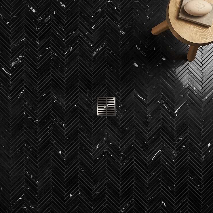 Nero Marquina 1/2"x4" Herringbone Polished Marble Mosaic Tile