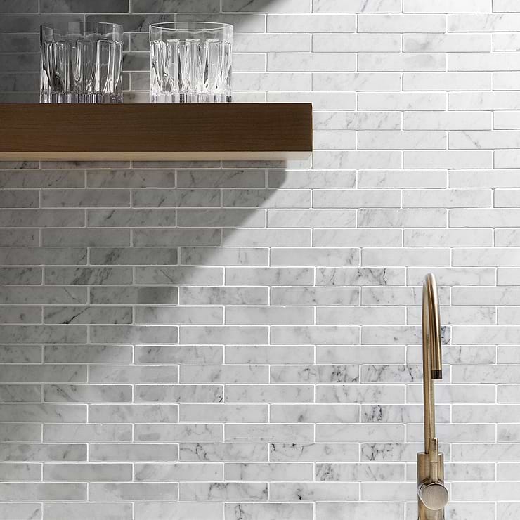 Carrara White 1x4 Brick Polished Marble Mosaic; in White w/Gray Carrara; for Backsplash, Floor Tile, Kitchen Floor, Kitchen Wall, Wall Tile, Bathroom Floor, Bathroom Wall, Shower Wall, Outdoor Wall, Commercial Floor; in Style Ideas Contemporary, Modern, Traditional, Transitional