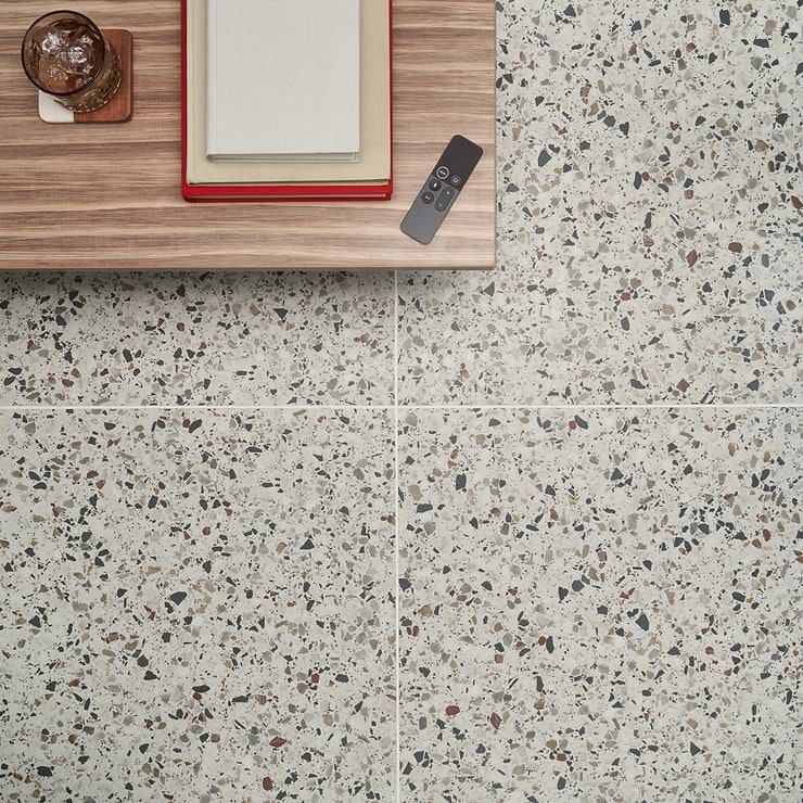 Kobe Flakes Ice White 24x24 Terrazzo Look Matte Porcelain Tile; in White with Multicolored Chips Colorbody Porcelain; for Backsplash, Floor Tile, Kitchen Floor, Kitchen Wall, Wall Tile, Bathroom Floor, Bathroom Wall, Shower Wall, Shower Floor, Outdoor Floor, Outdoor Wall, Commercial Floor, Pool Tile; in Style Ideas Beach, Contemporary, Craftsman, Industrial, Mid Century, Modern; released 2023; new, trends