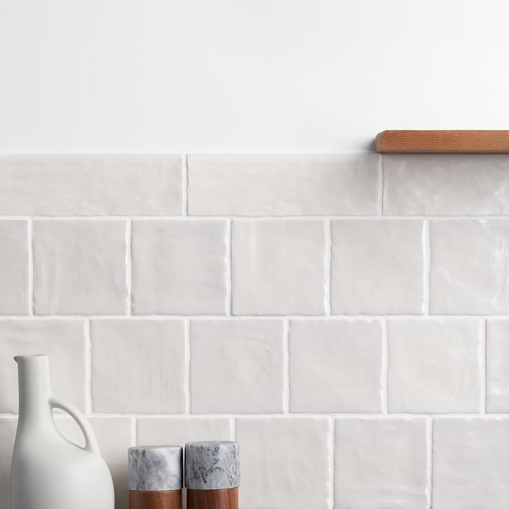 Montauk Gin 2x8 White Ceramic Bullnose with Mixed Finish; in White White Body Ceramic; for Backsplash, Bathroom Wall; in Style Ideas Beach