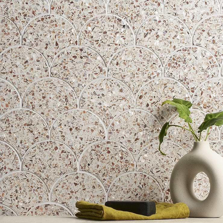Reef Cream 5" Fishscale Polished Pearl Terrazzo Mosaic; in Beige , White Pearl Terrazzo; for Backsplash, Kitchen Floor, Kitchen Wall, Wall Tile, Bathroom Floor, Bathroom Wall, Shower Wall, Shower Floor, Outdoor Wall, Pool Tile; in Style Ideas Art Deco, Beach, Contemporary, Mediterranean, Transitional