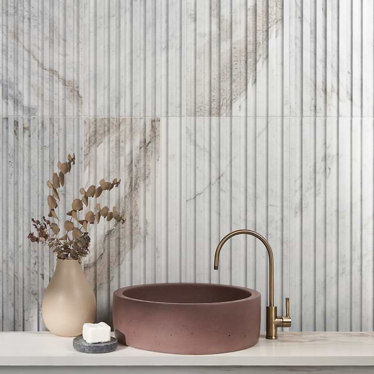 Stonework Barcode Alaska White 12x24 3D Polished Marble Tile; in White Alaska White; for Backsplash, Kitchen Wall, Wall Tile, Bathroom Wall, Shower Wall, Outdoor Wall; in Style Ideas Craftsman, Contemporary, Modern; released 2023; new, trends
