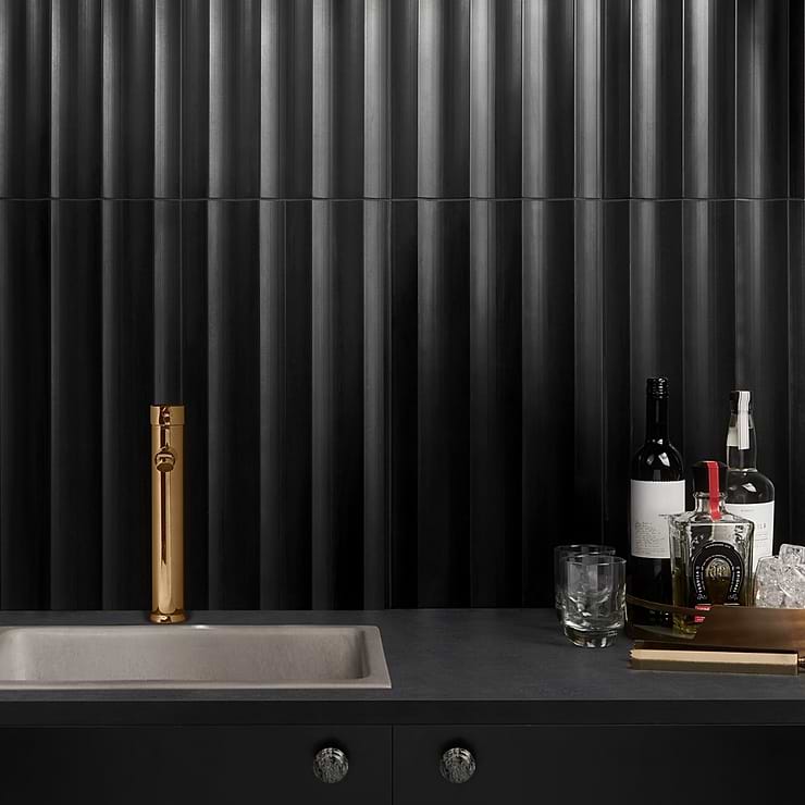 Stonework Fluted Nero Marquina Black 12x24 3D Honed Marble Tile; in Black Nero Marquina; for Backsplash, Kitchen Wall, Wall Tile, Bathroom Wall, Shower Wall, Outdoor Wall, Pool Tile; in Style Ideas Craftsman, Contemporary, Modern; released 2023; new, trends