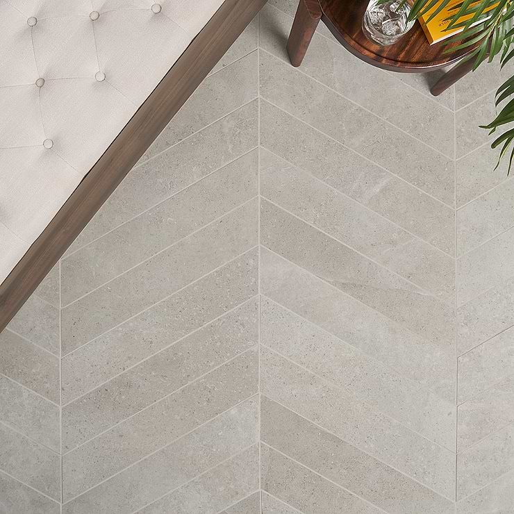 New Rock Fumo Light Gray 4x21 Chevron Matte Porcelain Tile; in Light Gray Colorbody Porcelain; for Backsplash, Floor Tile, Kitchen Floor, Kitchen Wall, Wall Tile, Bathroom Floor, Bathroom Wall, Shower Wall, Shower Floor, Outdoor Floor, Outdoor Wall, Commercial Floor, Pool Tile; in Style Ideas Beach, Classic, Contemporary, Industrial, Mid Century, Modern, Traditional, Transitional; released 2023; new, trends