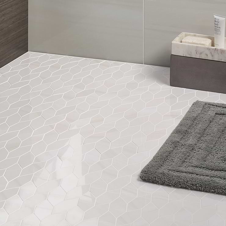 Minera Dolomite Warm White Foliage Polished Porcelain Mosaic Tile; in White with Cream and Gray Veining Color Body Porcelain; for Backsplash, Floor Tile, Kitchen Floor, Kitchen Wall, Wall Tile, Bathroom Floor, Bathroom Wall, Shower Wall; in Style Ideas Contemporary, Modern, Transitional; released 2023; new, trends
