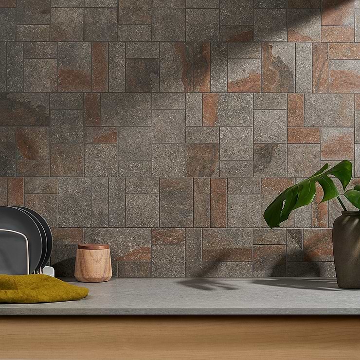 Acadia  French Pattern Iron Gray Matte Porcelain Mosaic Tile; in Gray, Rust  Porcelain; for Backsplash, Floor Tile, Kitchen Floor, Kitchen Wall, Wall Tile, Bathroom Floor, Bathroom Wall, Shower Wall, Shower Floor, Outdoor Wall, Commercial Floor, Pool Tile; in Style Ideas Classic, Industrial, Mid Century, Traditional, Transitional