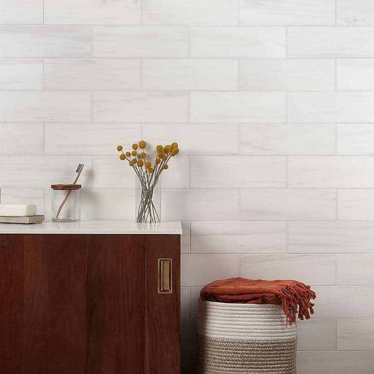 Bianco Dolomite Premium White 4x12 Polished Marble Subway Tile; in White Marble; for Backsplash, Bathroom Floor, Bathroom Wall, Commercial Floor, Floor Tile, Kitchen Floor, Kitchen Wall, Outdoor Floor, Outdoor Wall, Shower Floor, Shower Wall, Wall Tile; in Style Ideas Art Deco, Classic, Contemporary, Traditional, Transitional; released 2024; new, trends