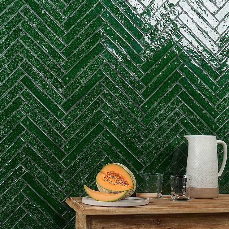 Wabi Sabi Emerald Green 1.5x9 Crackled Glossy Ceramic Tile; in Green White Body Ceramic; for Backsplash, Kitchen Wall, Wall Tile, Bathroom Wall, Shower Wall; in Style Ideas Beach, Craftsman, Cottage, Mid Century, Mediterranean, Traditional, Transitional; released 2023; new, trends