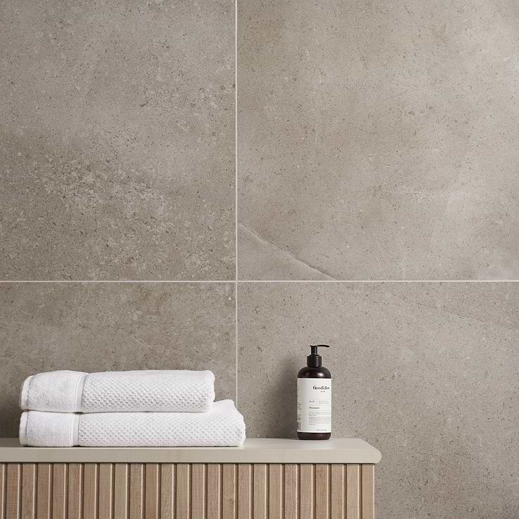 New Rock Tortora Beige 24x24 Matte Porcelain Tile; in Taupe Colorbody Porcelain; for Backsplash, Floor Tile, Kitchen Floor, Kitchen Wall, Wall Tile, Bathroom Floor, Bathroom Wall, Shower Wall, Shower Floor, Outdoor Floor, Outdoor Wall, Commercial Floor, Pool Tile; in Style Ideas Beach, Classic, Contemporary, Industrial, Mid Century, Modern, Traditional, Transitional; released 2023; new, trends