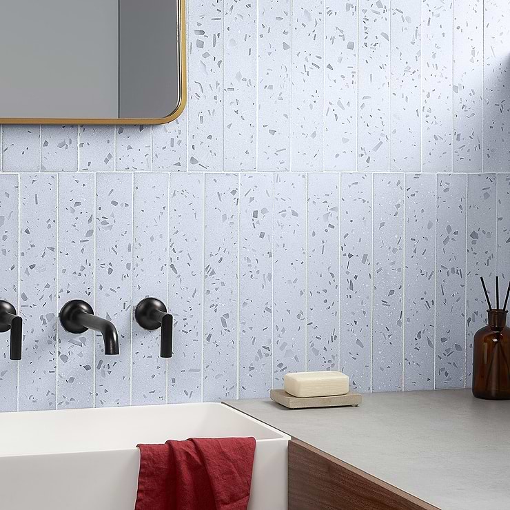 Mancala  Denim Blue 3x16 Matte Terrazzo Tile ; in Blue Terrazzo ; for Backsplash, Kitchen Wall, Wall Tile, Bathroom Wall; in Style Ideas Beach, Contemporary, Mid Century, Modern, Transitional, Whimsical; released 2023; new, trends