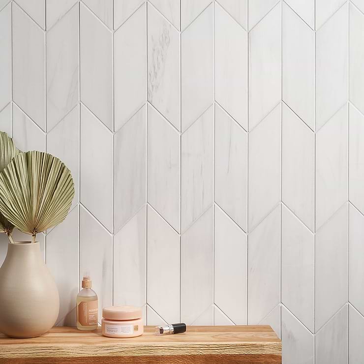 Bianco Dolomite White 3x12 Chevron Premium Honed Marble Tile