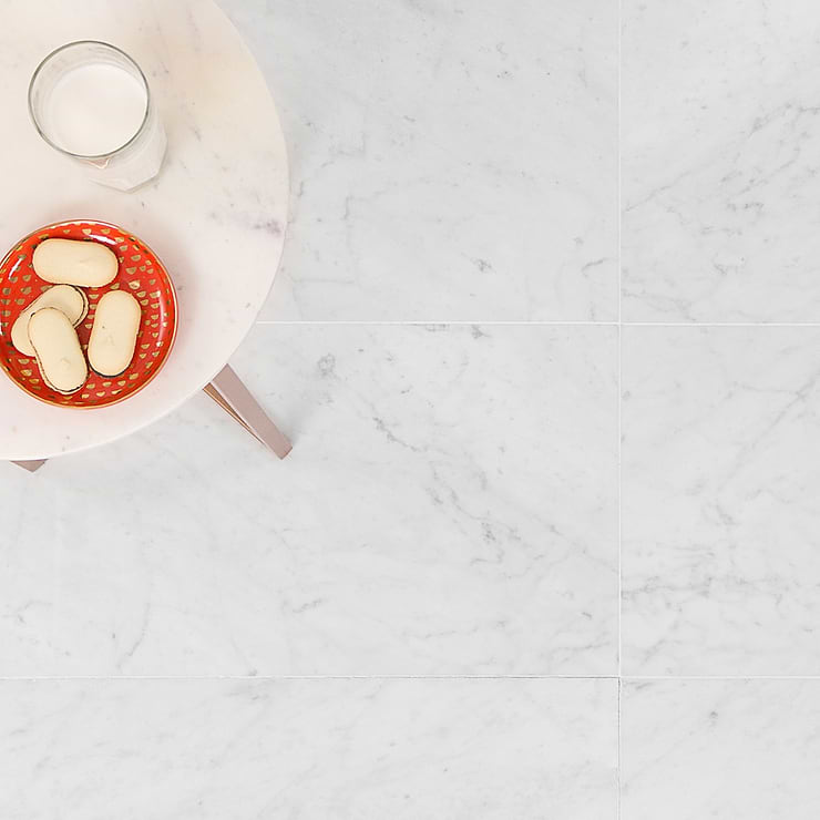 Carrara White 16X32 Polished Marble Tile; in White Carrara; for Backsplash, Floor Tile, Kitchen Floor, Kitchen Wall, Wall Tile, Bathroom Floor, Bathroom Wall, Shower Wall, Outdoor Wall, Commercial Floor; in Style Ideas Art Deco, Contemporary, Modern, Traditional, Transitional