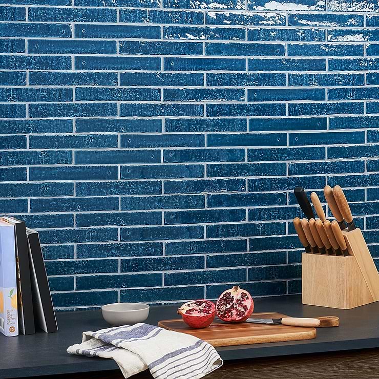 Wabi Sabi Sapphire Blue 1.5x9 Crackled Glossy Ceramic Tile; in Blue White Body Ceramic; for Backsplash, Kitchen Wall, Wall Tile, Bathroom Wall, Shower Wall; in Style Ideas Beach, Cottage, Craftsman, Mediterranean, Mid Century, Traditional, Transitional; released 2023; new, trends