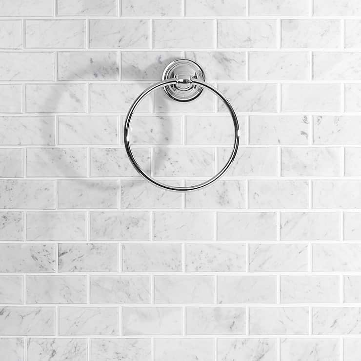 Carrara White Beveled 2x4 Polished Marble Mosaic; in White w/Gray Carrara; for Backsplash, Kitchen Wall, Wall Tile, Bathroom Wall, Shower Wall; in Style Ideas Contemporary, Modern, Traditional, Transitional