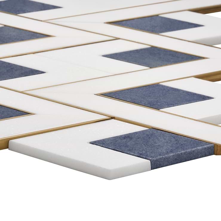 Zeta Azul Blue Polished Marble and Brass Waterjet Mosaic Tile