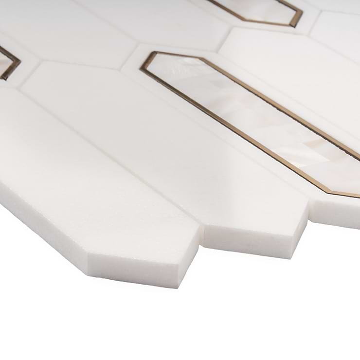 Zeus White Pearl 2x8 Picket Polished Marble, Pearl and Brass Waterjet Mosaic Tile