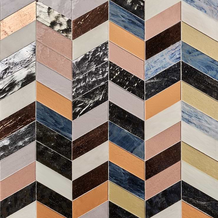 Elizabeth Sutton Meta Malibu Mixed Metallic 2x5 Chevron Glossy Glass Mosaic Tile