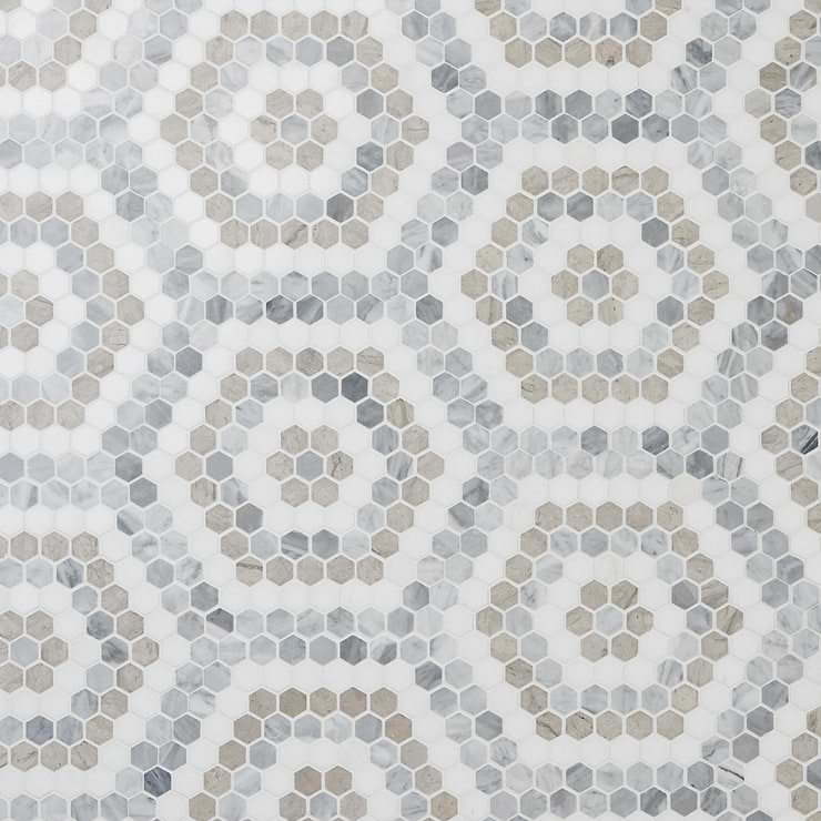 Juno Honeycomb Beige and Gray 1" Hexagon Polished Marble Mosaic Tile