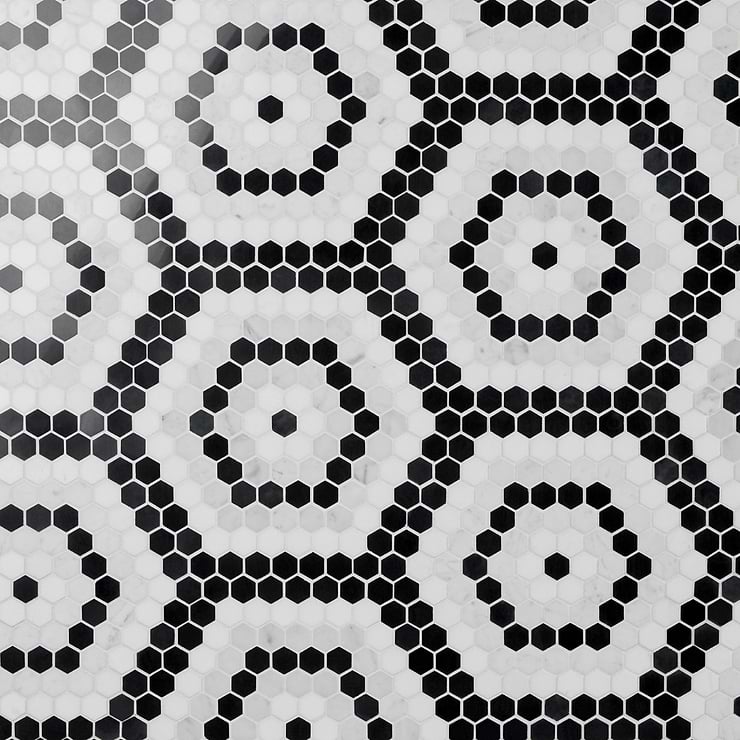 Juno Honeycomb Black and White 1" Hexagon Polished Marble Mosaic Tile