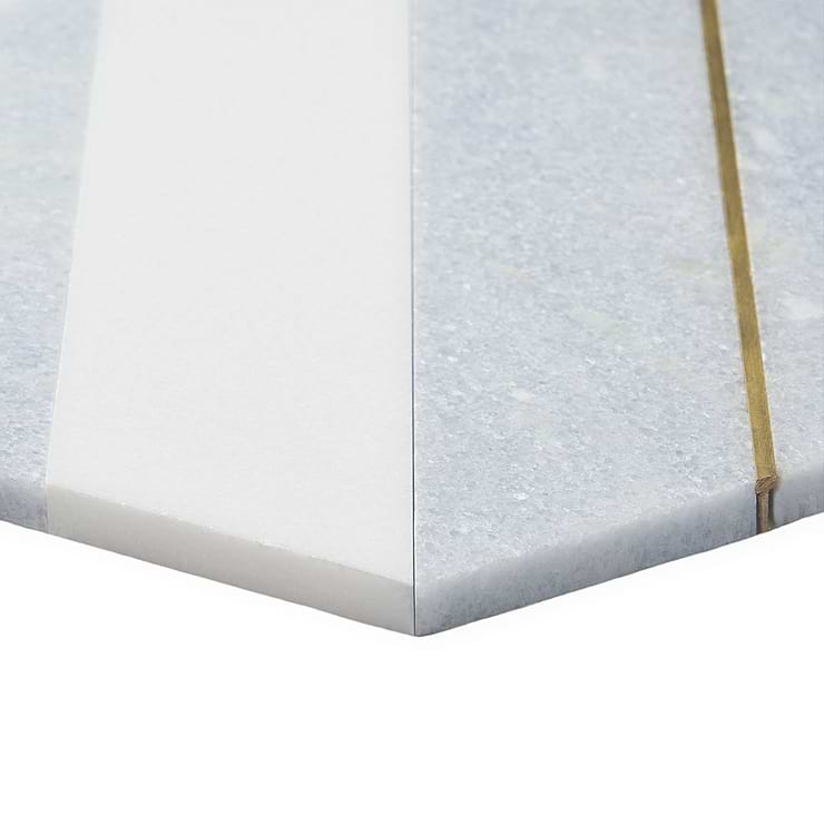 Margo Blue and Gold 9" Hexagon Polished Blue Celeste Marble and Brass Mosaic Tile