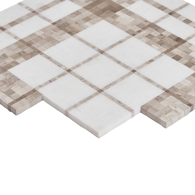 Microsaic Plaid Wooden Beige Polished Marble Mosaic Tile