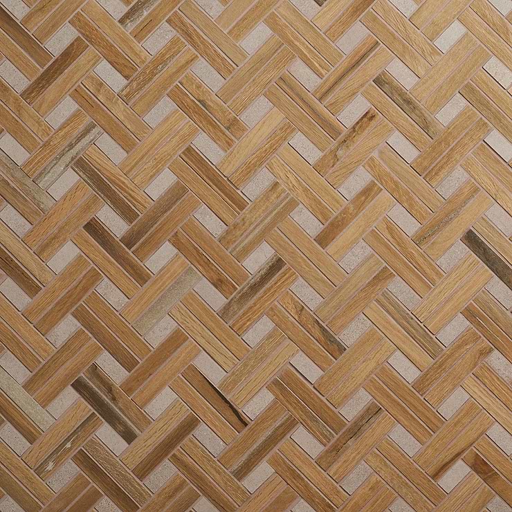 Eternal Basketweave Herringbone Birch Matte Porcelain Wood Look Mosaic Tile