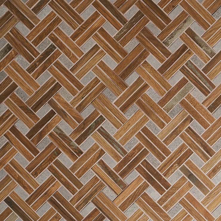 Eternal Basketweave Herringbone Oak Matte Porcelain Wood Look Mosaic Tile