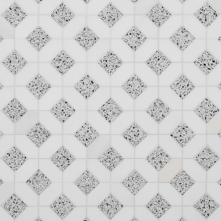 Cleopatra Diamond Truffle White Terrazzo and Bianco White Marble Polished Mosaic Tile