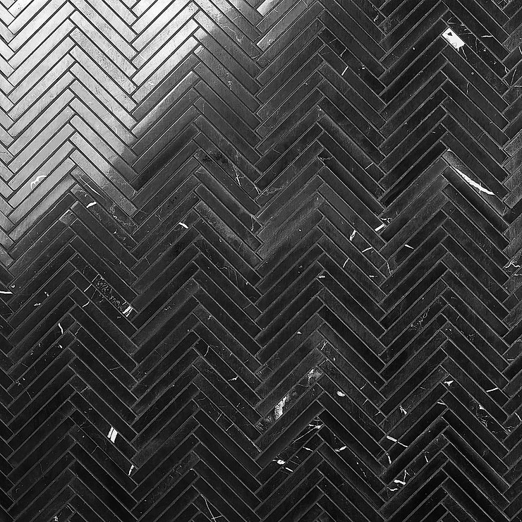 Nero Marquina 1/2"x4" Herringbone Polished Marble Mosaic Tile