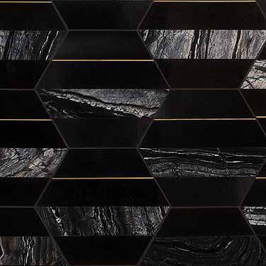 Margo Black and Gold 9" Hexagon Polished Nero Marquina Marble and Brass Mosaic Tile  - Sample