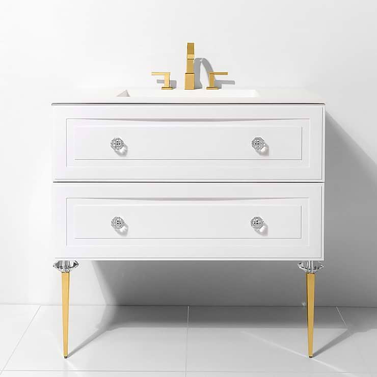 Alma Bianca White 42" Vanity with Gold and Lucite Legs and Hardware