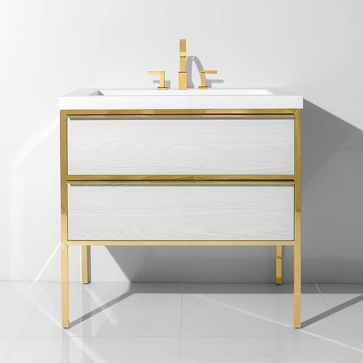 Element White and Brass 24" Single Vanity with Integrated Top