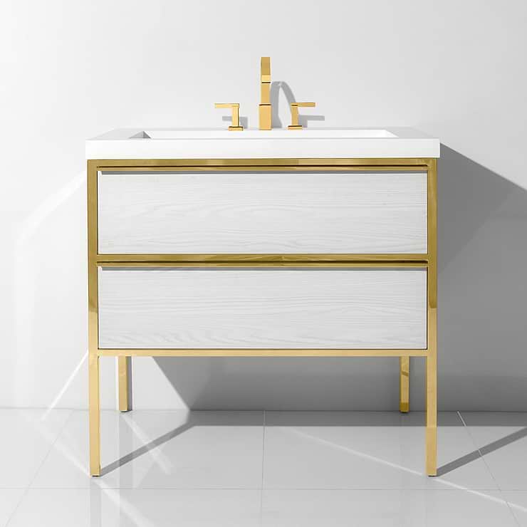 Element White and Brass 30" Single Vanity with Integrated Top
