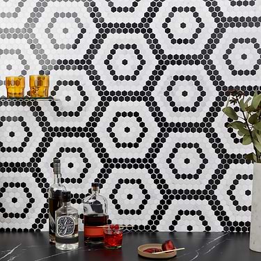 Juno Honeycomb Black and White 1" Hexagon Polished Marble Mosaic