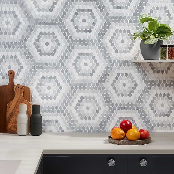 Juno Honeycomb Gray and White 1" Hexagon Polished Marble Mosaic Tile