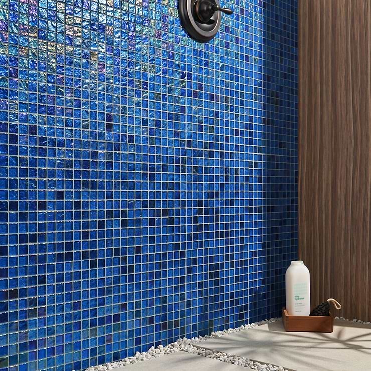 Splash Lagoon Blue 1x1 Polished Glass Mosaic Tile; in Blue Glass; for Backsplash, Kitchen Wall, Wall Tile, Bathroom Wall, Shower Wall, Outdoor Wall, Pool Tile; in Style Ideas Beach, Contemporary, Industrial, Mediterranean, Transitional, Tropical, Whimsical