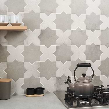 Parma Dove Gray Matte Star and White Matte Cross 6" Terracotta Look Porcelain Tile - Sample