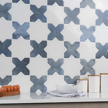 Parma White Polished Star and Denim Blue Matte Cross 6" Terracotta Look Porcelain Tile - Sample