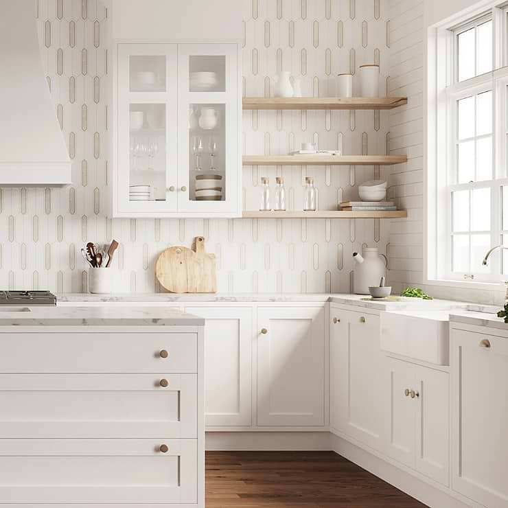 Zeus White Pearl 2x8 Picket Polished Marble, Pearl and Brass Waterjet Mosaic Tile