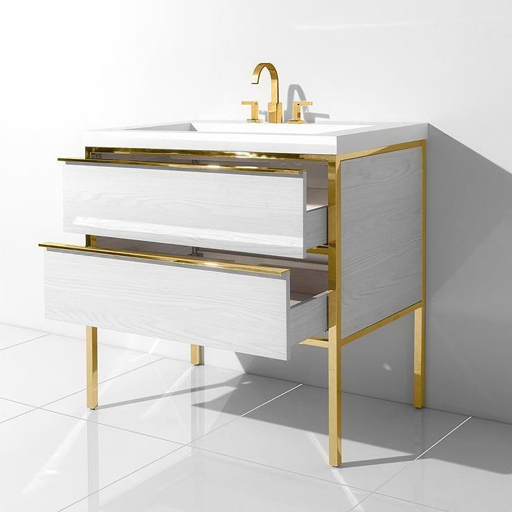Element White and Brass 24" Single Vanity with Integrated Top