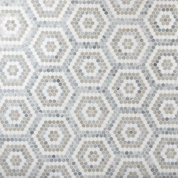 Juno Honeycomb Beige and Gray 1" Hexagon Polished Marble Mosaic Tile