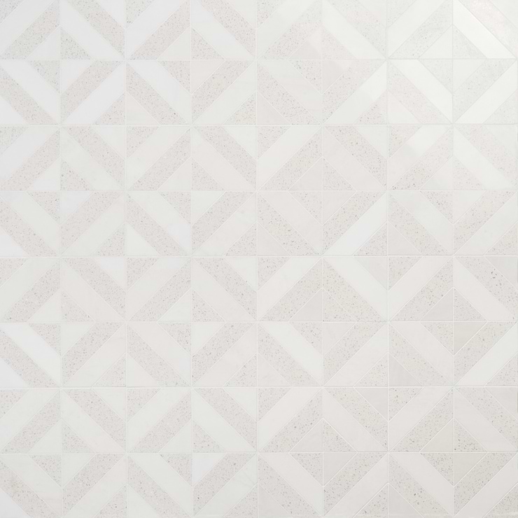 Cleopatra Diagonal Salt White Terrazzo and Bianco White Marble Polished Mosaic Tile
