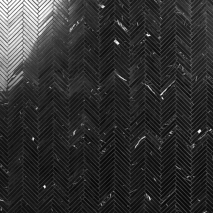 Nero Marquina 1/2"x4" Herringbone Polished Marble Mosaic Tile