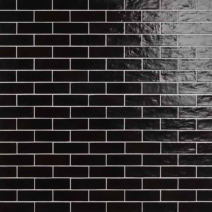 Montauk Jet 2x8 Black Ceramic Subway Wall Tile with Mixed Finish
