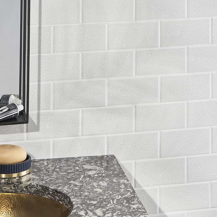 Sarina Vintage White 3x6 Glossy Crackled Ceramic Wall Tile