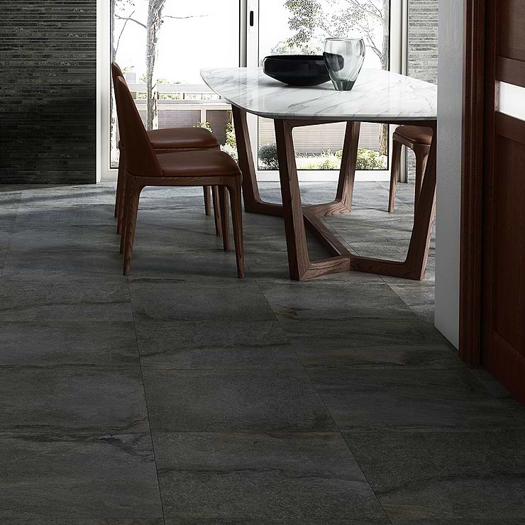 Acadia Charcoal Black 24x24 Limestone Look Matte Porcelain Tile